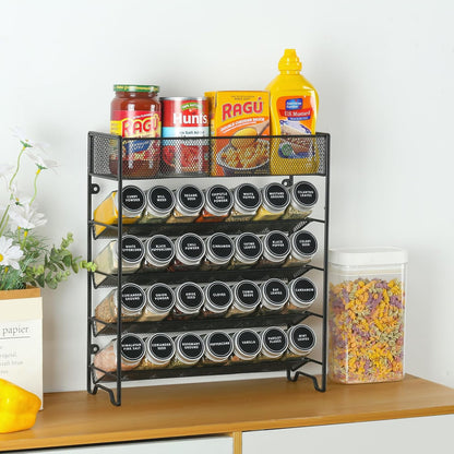 Spice Rack Organizer with 28 Spice Jars, Black Lids，Spice Labels, Chalk pen and Funnel Set for Cabinet, Countertop, Pantry, Cupboard or Wall Mount
