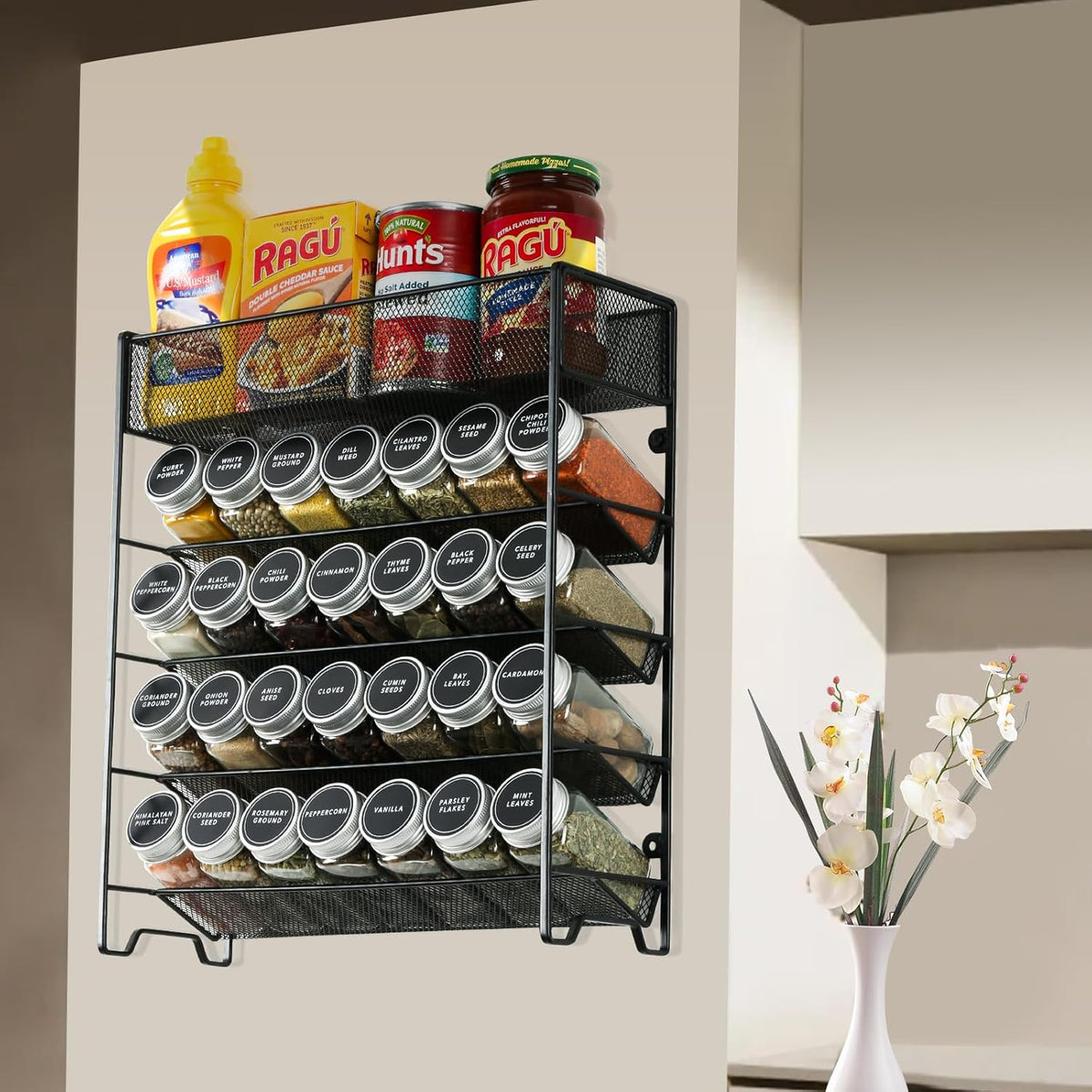 Spice Rack Organizer with 28 Spice Jars, Black Lids，Spice Labels, Chalk pen and Funnel Set for Cabinet, Countertop, Pantry, Cupboard or Wall Mount