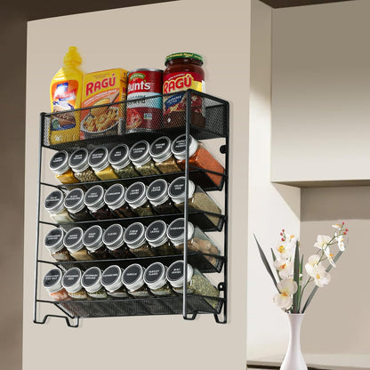 Spice Rack Organizer with 28 Spice Jars, Black Lids，Spice Labels, Chalk pen and Funnel Set for Cabinet, Countertop, Pantry, Cupboard or Wall Mount