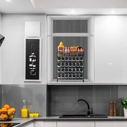 Spice Rack Organizer with 28 Spice Jars, Black Lids，Spice Labels, Chalk pen and Funnel Set for Cabinet, Countertop, Pantry, Cupboard or Wall Mount