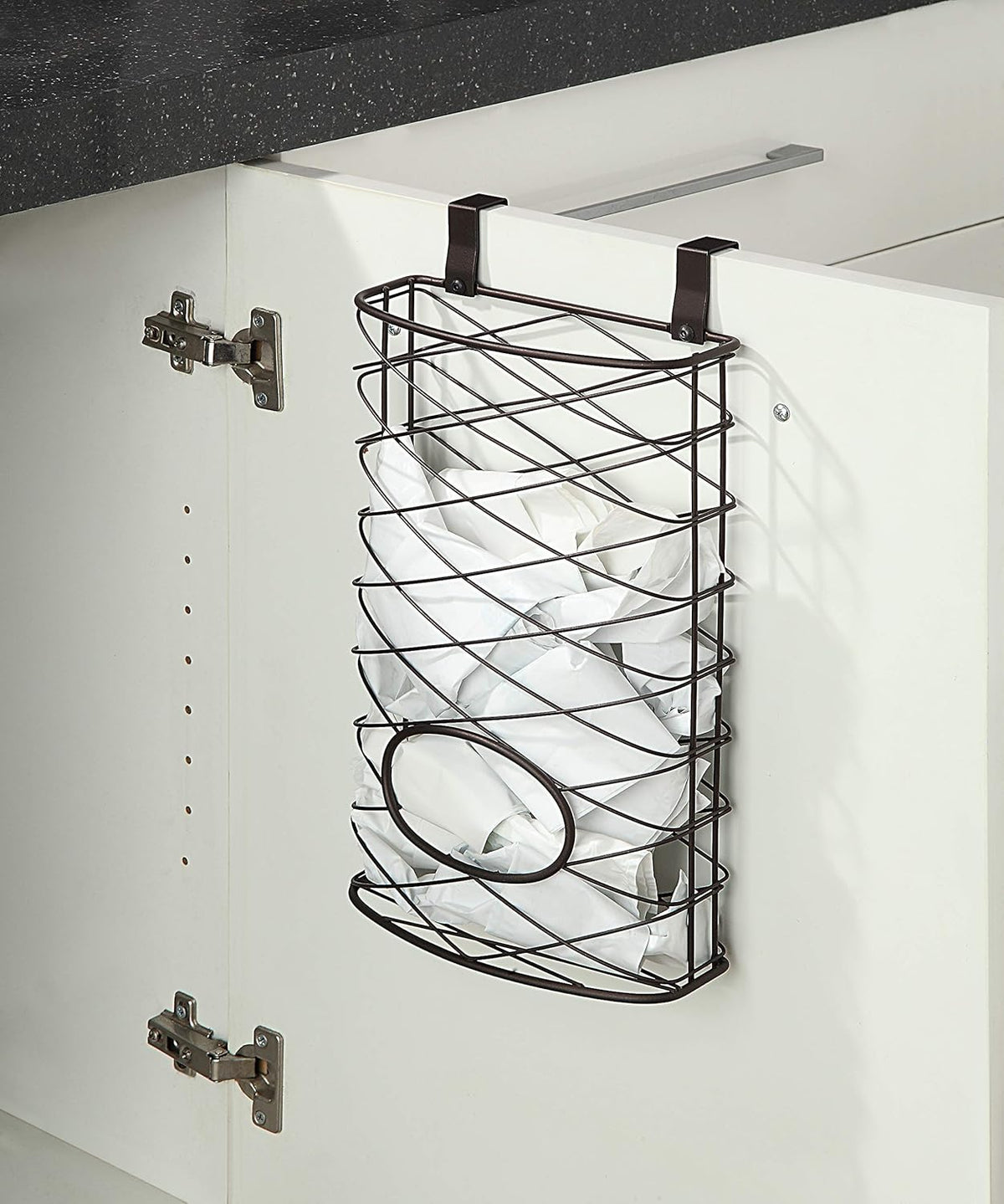 Over Cabinet Kitchen Storage Organizer Holder or Basket - Hang Over Cabinet Doors in Kitchen/Pantry - Holds up to 50 Plastic Shopping Bags (SILVER)