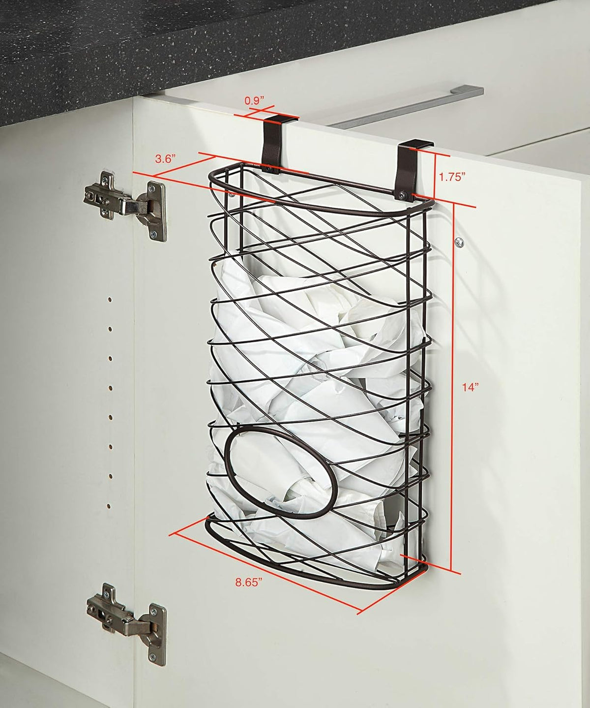 Over Cabinet Kitchen Storage Organizer Holder or Basket - Hang Over Cabinet Doors in Kitchen/Pantry - Holds up to 50 Plastic Shopping Bags (SILVER)