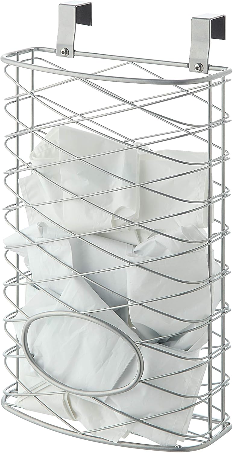 Over Cabinet Kitchen Storage Organizer Holder or Basket - Hang Over Cabinet Doors in Kitchen/Pantry - Holds up to 50 Plastic Shopping Bags (SILVER)