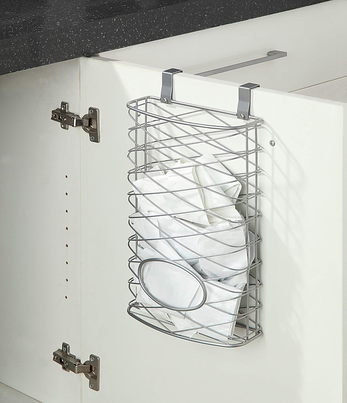 Over Cabinet Kitchen Storage Organizer Holder or Basket - Hang Over Cabinet Doors in Kitchen/Pantry - Holds up to 50 Plastic Shopping Bags (SILVER)