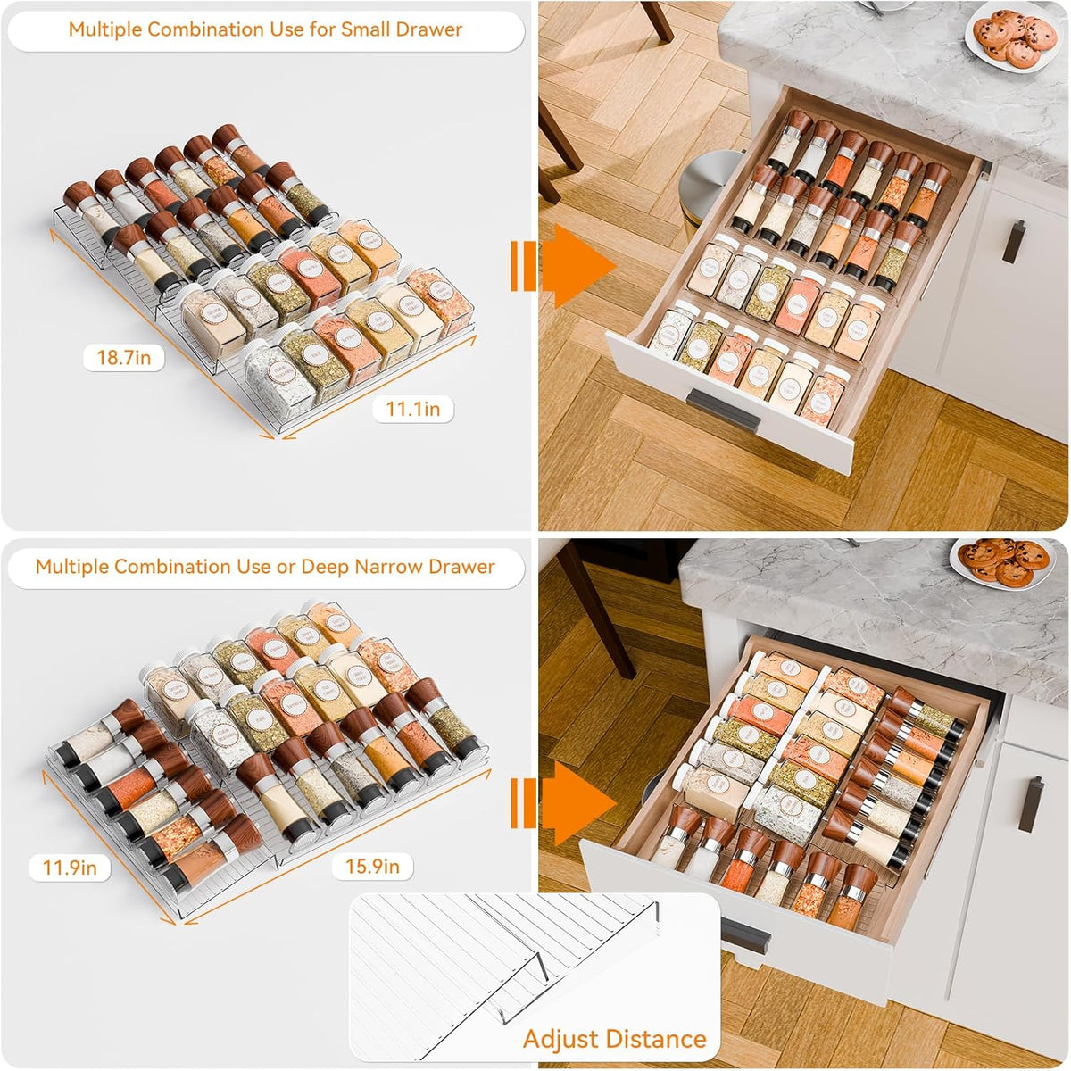 4 Pack Adjustable In Drawer Spice Organizer - Expandable From 11" to 22" - Clear Acrylic Seasoning Organizer with Jars for Kitchen Drawer,Horizontal Tiered Kitchen Spice Organization & Tray