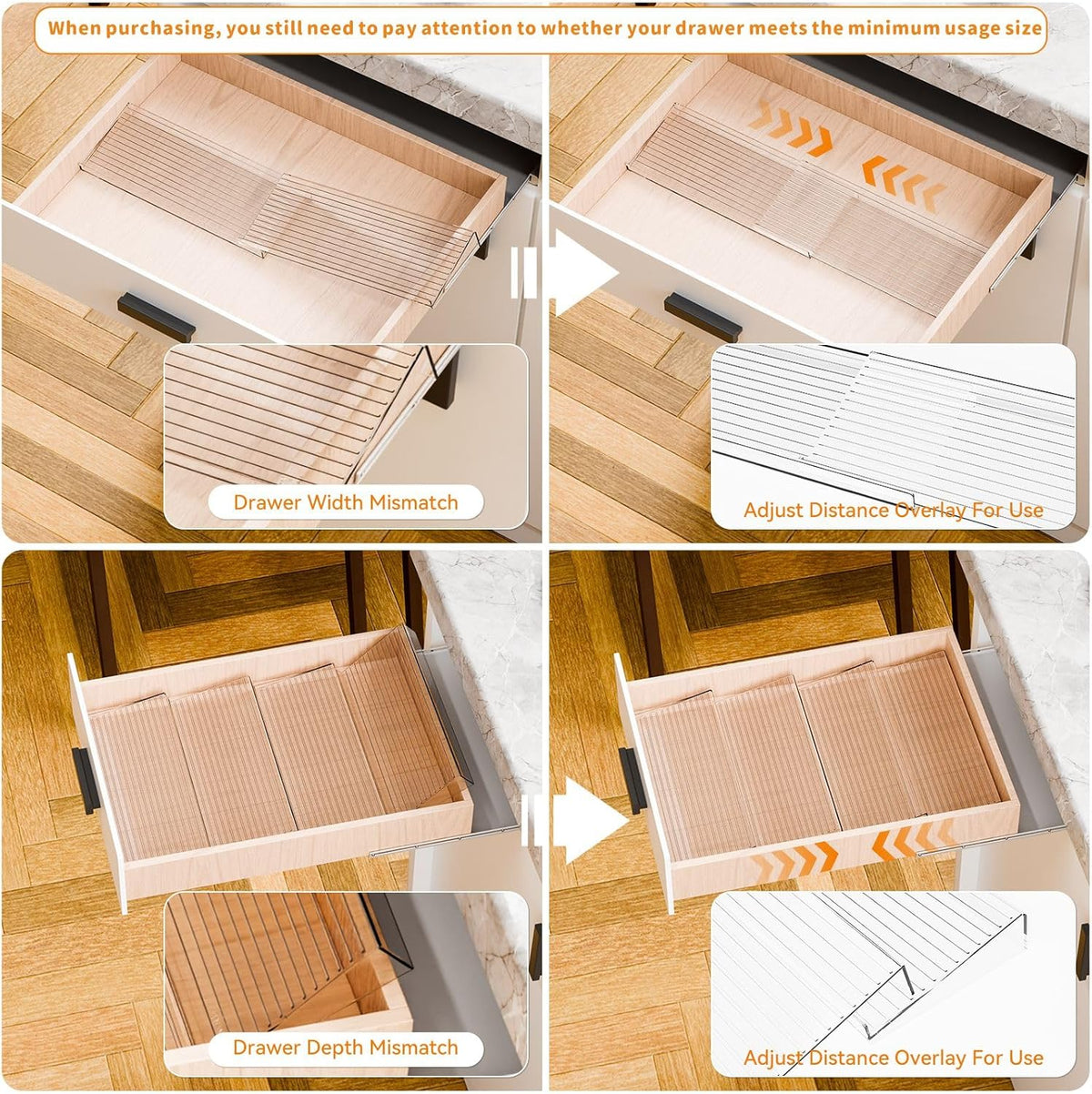 4 Pack Adjustable In Drawer Spice Organizer - Expandable From 11" to 22" - Clear Acrylic Seasoning Organizer with Jars for Kitchen Drawer,Horizontal Tiered Kitchen Spice Organization & Tray