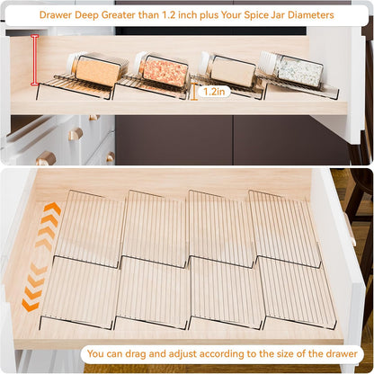 4 Pack Adjustable In Drawer Spice Organizer - Expandable From 11" to 22" - Clear Acrylic Seasoning Organizer with Jars for Kitchen Drawer,Horizontal Tiered Kitchen Spice Organization & Tray