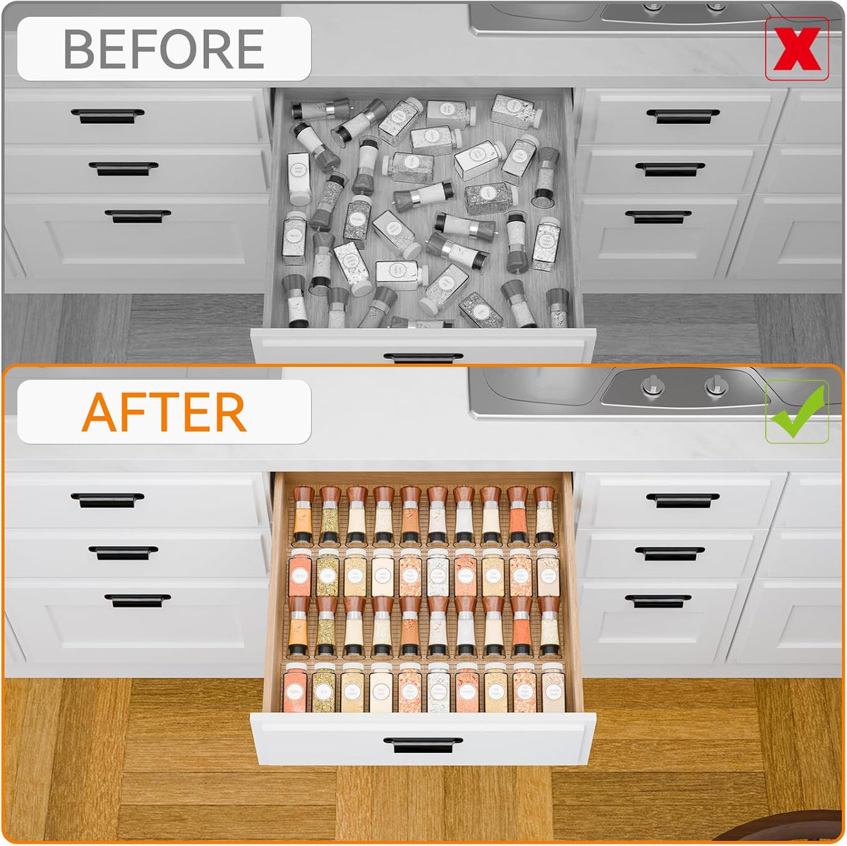 4 Pack Adjustable In Drawer Spice Organizer - Expandable From 11" to 22" - Clear Acrylic Seasoning Organizer with Jars for Kitchen Drawer,Horizontal Tiered Kitchen Spice Organization & Tray