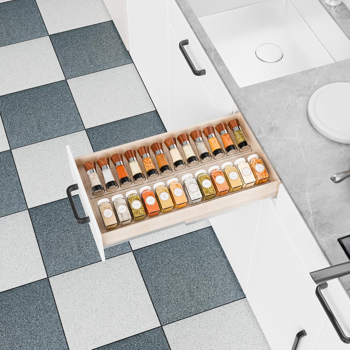 4 Pack Adjustable In Drawer Spice Organizer - Expandable From 11" to 22" - Clear Acrylic Seasoning Organizer with Jars for Kitchen Drawer,Horizontal Tiered Kitchen Spice Organization & Tray
