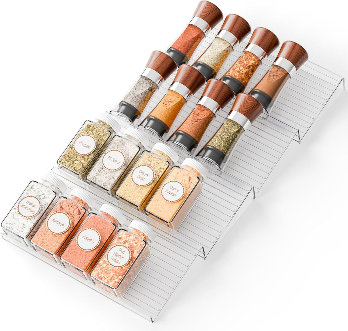 4 Pack Adjustable In Drawer Spice Organizer - Expandable From 11" to 22" - Clear Acrylic Seasoning Organizer with Jars for Kitchen Drawer,Horizontal Tiered Kitchen Spice Organization & Tray