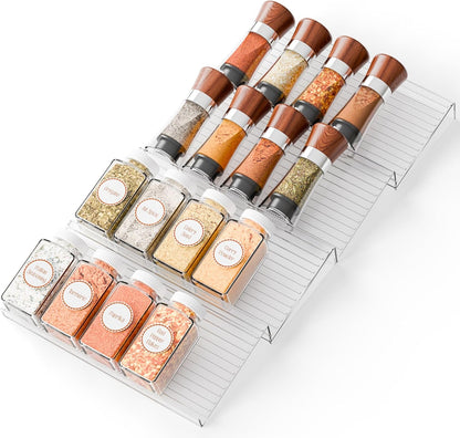 4 Pack Adjustable In Drawer Spice Organizer - Expandable From 11" to 22" - Clear Acrylic Seasoning Organizer with Jars for Kitchen Drawer,Horizontal Tiered Kitchen Spice Organization & Tray