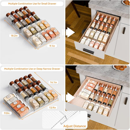4 Pack Adjustable In Drawer Spice Organizer - Expandable From 11" to 22" - Clear Acrylic Seasoning Organizer with Jars for Kitchen Drawer,Horizontal Tiered Kitchen Spice Organization & Tray