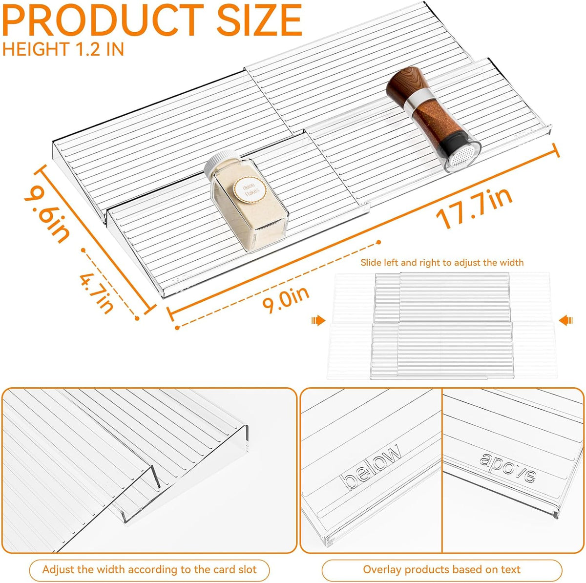 4 Pack Adjustable In Drawer Spice Organizer - Expandable From 11" to 22" - Clear Acrylic Seasoning Organizer with Jars for Kitchen Drawer,Horizontal Tiered Kitchen Spice Organization & Tray
