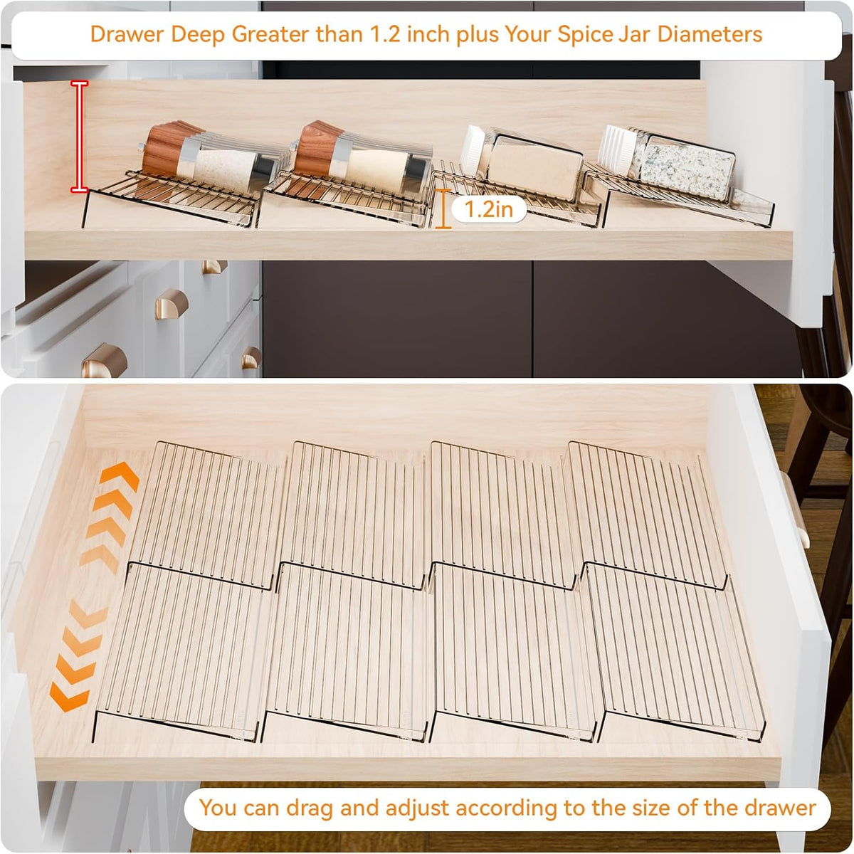 4 Pack Adjustable In Drawer Spice Organizer - Expandable From 11" to 22" - Clear Acrylic Seasoning Organizer with Jars for Kitchen Drawer,Horizontal Tiered Kitchen Spice Organization & Tray