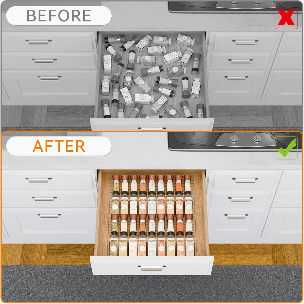 4 Pack Adjustable In Drawer Spice Organizer - Expandable From 11" to 22" - Clear Acrylic Seasoning Organizer with Jars for Kitchen Drawer,Horizontal Tiered Kitchen Spice Organization & Tray