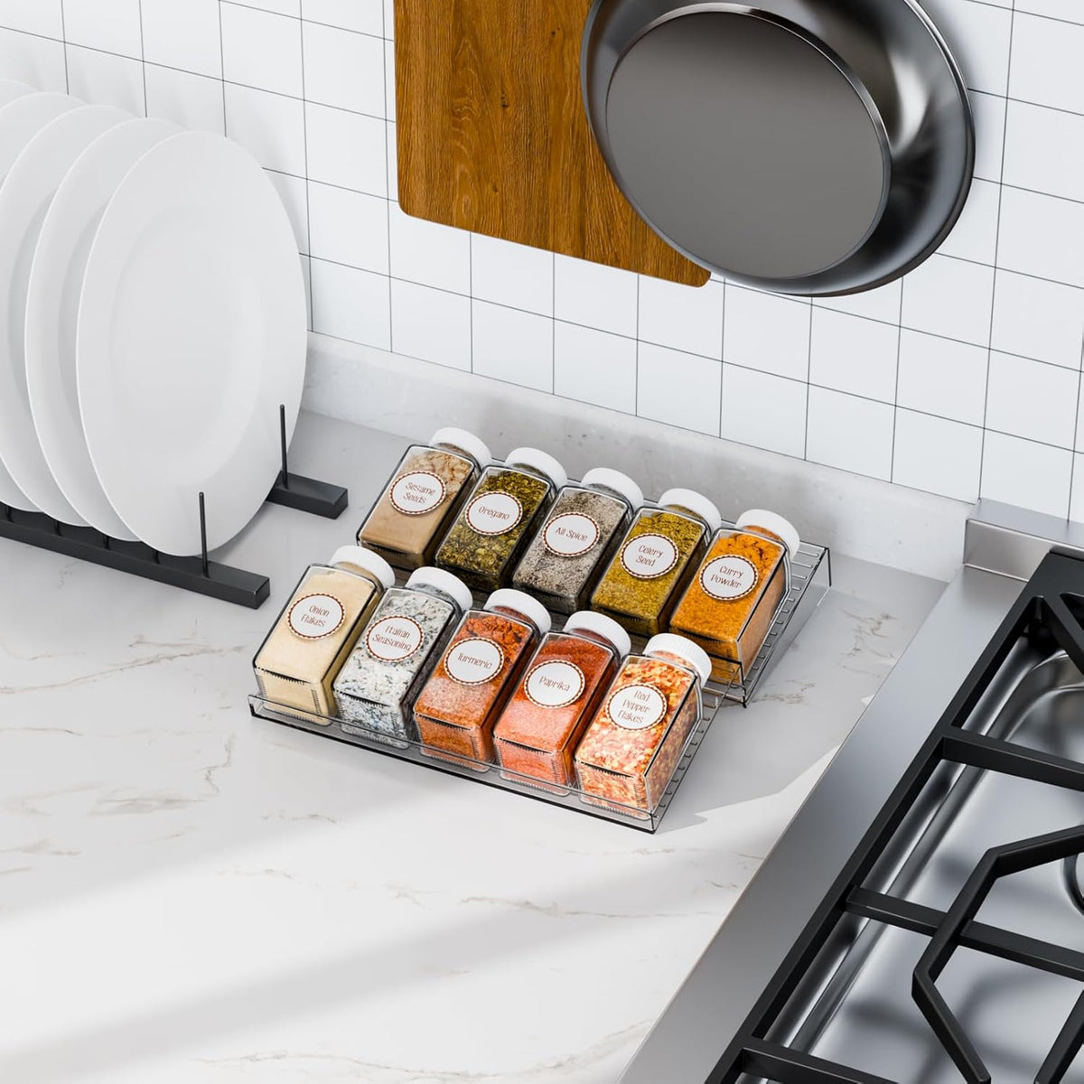 4 Pack Adjustable In Drawer Spice Organizer - Expandable From 11" to 22" - Clear Acrylic Seasoning Organizer with Jars for Kitchen Drawer,Horizontal Tiered Kitchen Spice Organization & Tray