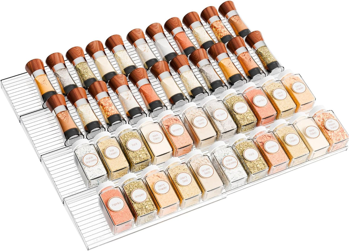 4 Pack Adjustable In Drawer Spice Organizer - Expandable From 11" to 22" - Clear Acrylic Seasoning Organizer with Jars for Kitchen Drawer,Horizontal Tiered Kitchen Spice Organization & Tray
