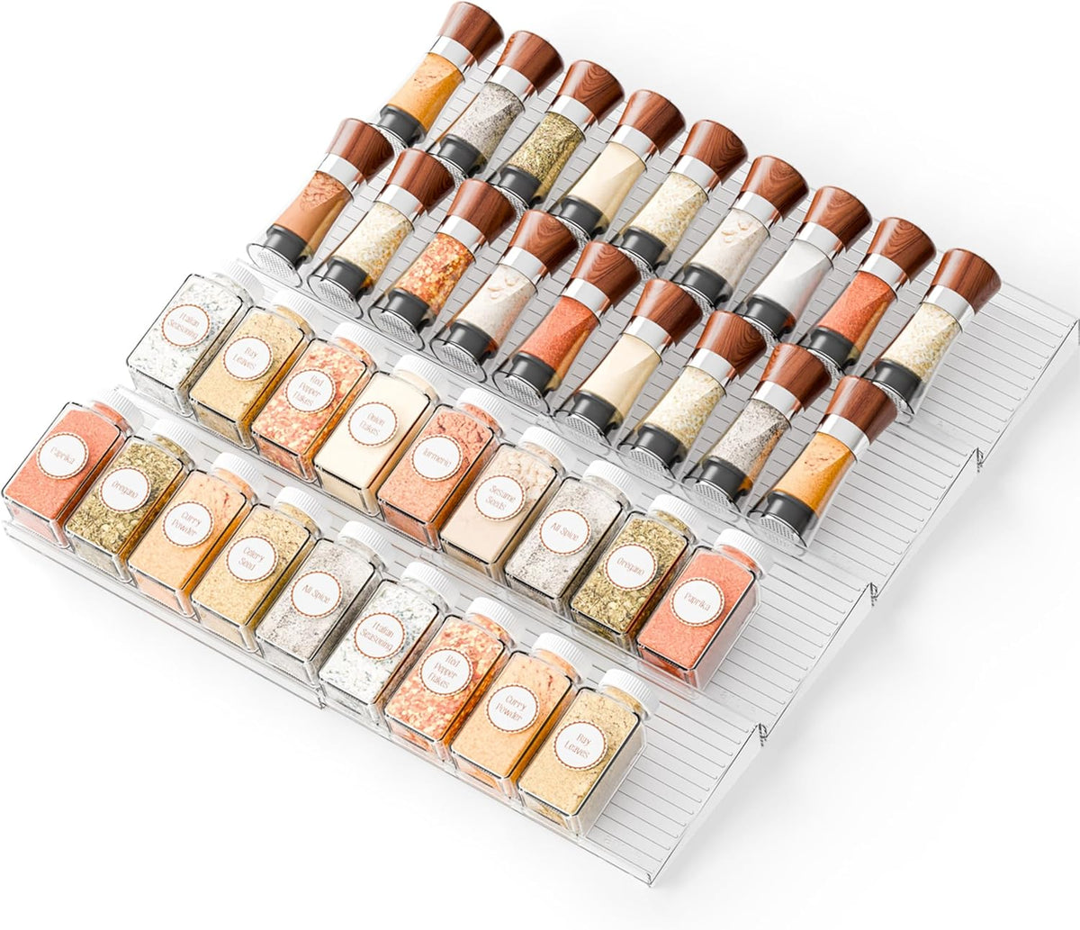 4 Pack Adjustable In Drawer Spice Organizer - Expandable From 11" to 22" - Clear Acrylic Seasoning Organizer with Jars for Kitchen Drawer,Horizontal Tiered Kitchen Spice Organization & Tray