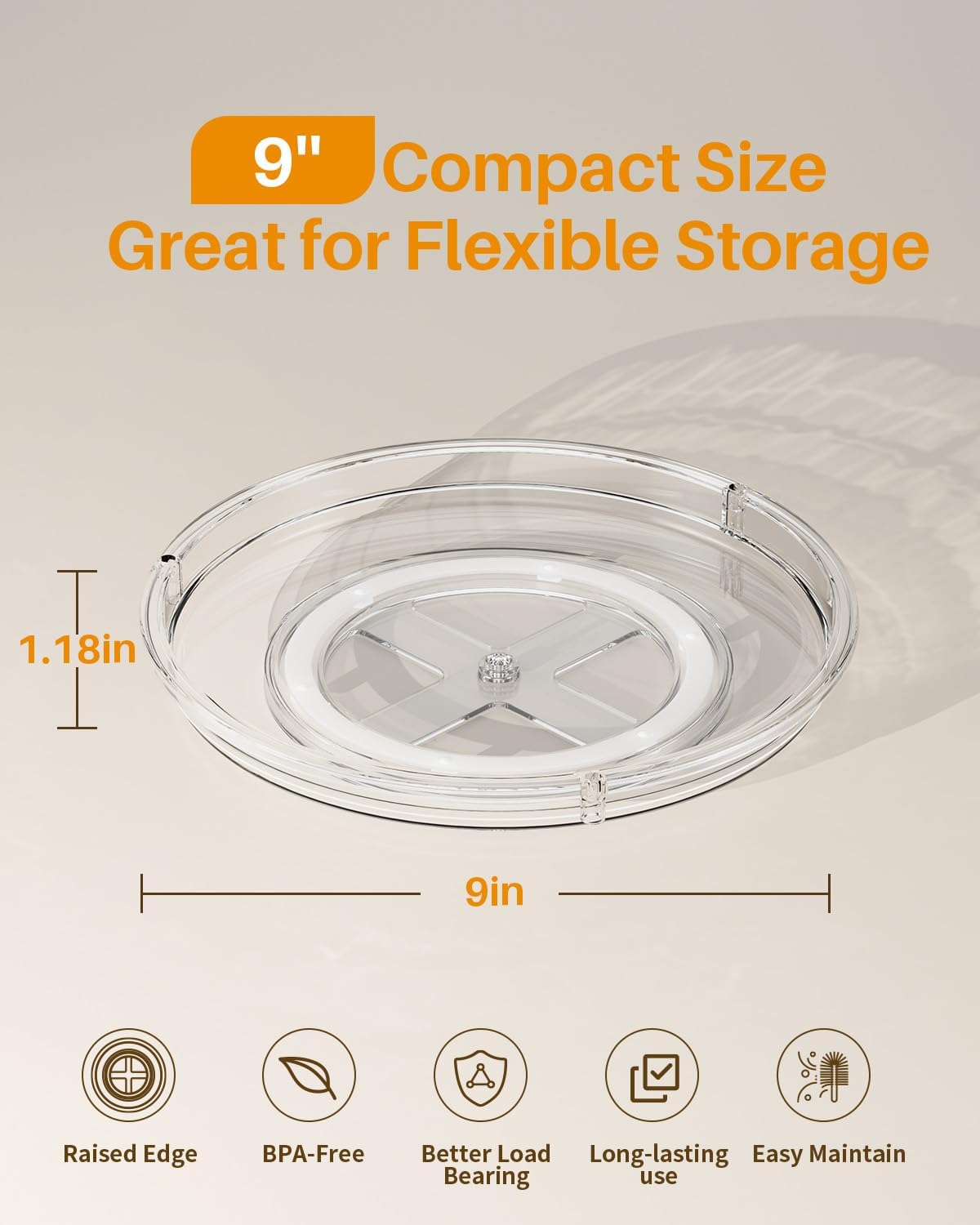 LAMU Lazy Susan Organizer 9 inch Lazy Susan Turntable for Cabinet, Rotating Spice Organization for Cabinet, Kitchen, Table Top, Countertop, Pantry Fridge Organizers and Storage, Clear