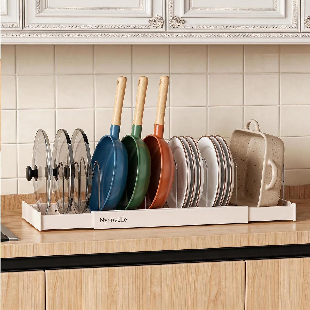 Pots and Pans Organizer under Cabinet, Expandable Adjustable Pot Lid Organizer Rack with 9 Stainless Steel Dividers, Food Storage Container Lid Holder for Kitchen Countertop Storage (White)