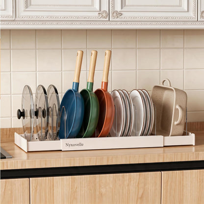 Pots and Pans Organizer under Cabinet, Expandable Adjustable Pot Lid Organizer Rack with 9 Stainless Steel Dividers, Food Storage Container Lid Holder for Kitchen Countertop Storage (White)