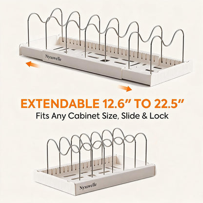 Pots and Pans Organizer under Cabinet, Expandable Adjustable Pot Lid Organizer Rack with 9 Stainless Steel Dividers, Food Storage Container Lid Holder for Kitchen Countertop Storage (White)