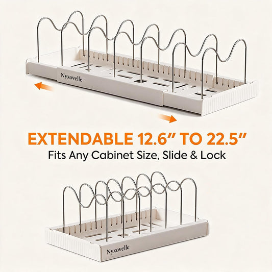 Pots and Pans Organizer under Cabinet, Expandable Adjustable Pot Lid Organizer Rack with 9 Stainless Steel Dividers, Food Storage Container Lid Holder for Kitchen Countertop Storage (White)