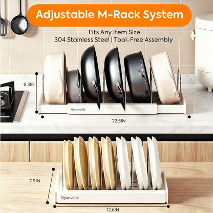 Pots and Pans Organizer under Cabinet, Expandable Adjustable Pot Lid Organizer Rack with 9 Stainless Steel Dividers, Food Storage Container Lid Holder for Kitchen Countertop Storage (White)