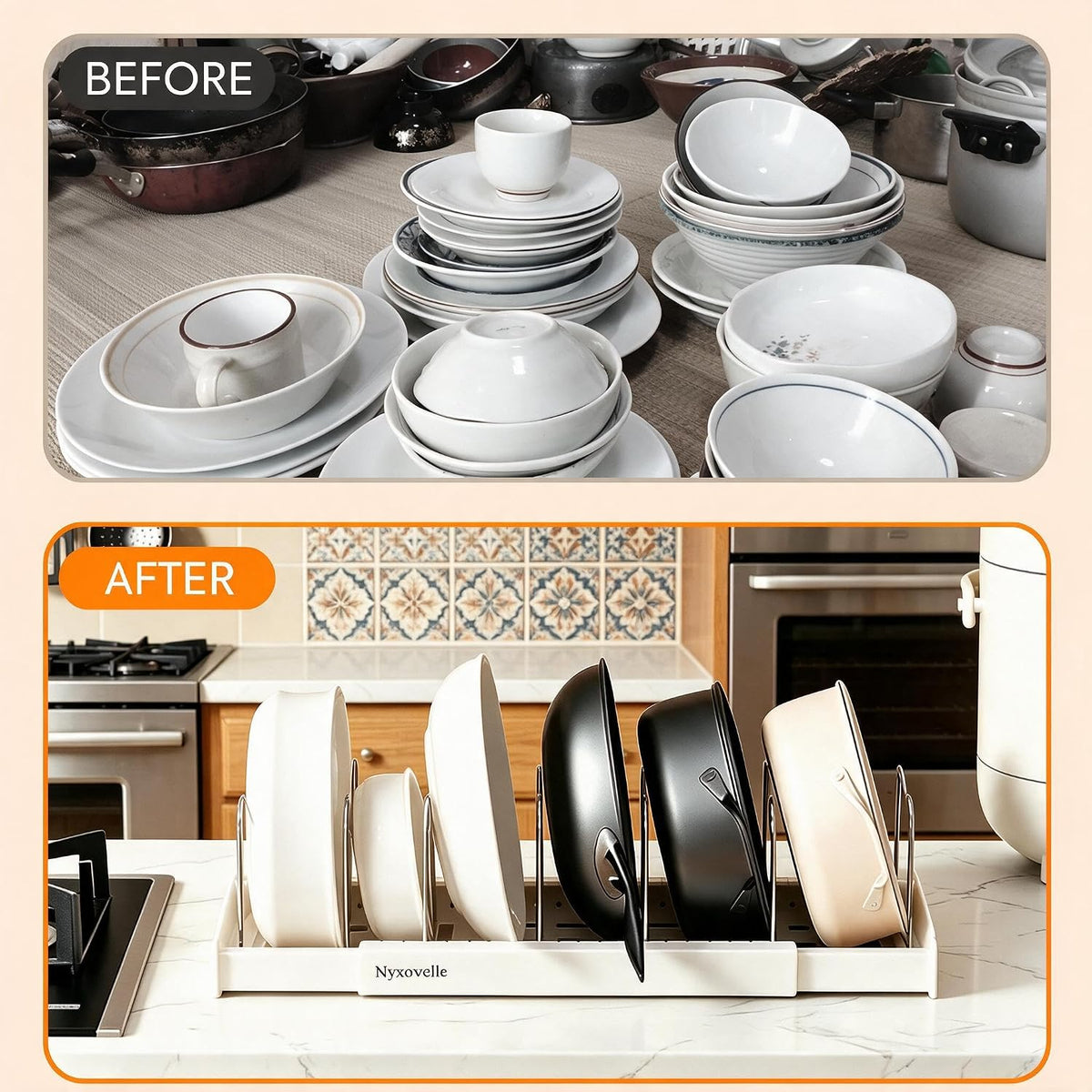 Pots and Pans Organizer under Cabinet, Expandable Adjustable Pot Lid Organizer Rack with 9 Stainless Steel Dividers, Food Storage Container Lid Holder for Kitchen Countertop Storage (White)