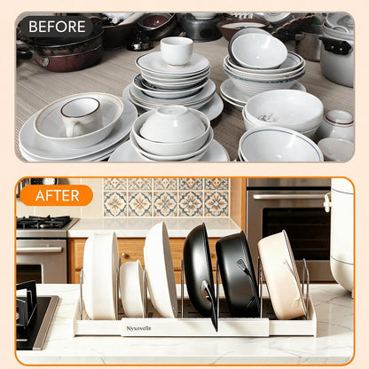 Pots and Pans Organizer under Cabinet, Expandable Adjustable Pot Lid Organizer Rack with 9 Stainless Steel Dividers, Food Storage Container Lid Holder for Kitchen Countertop Storage (White)