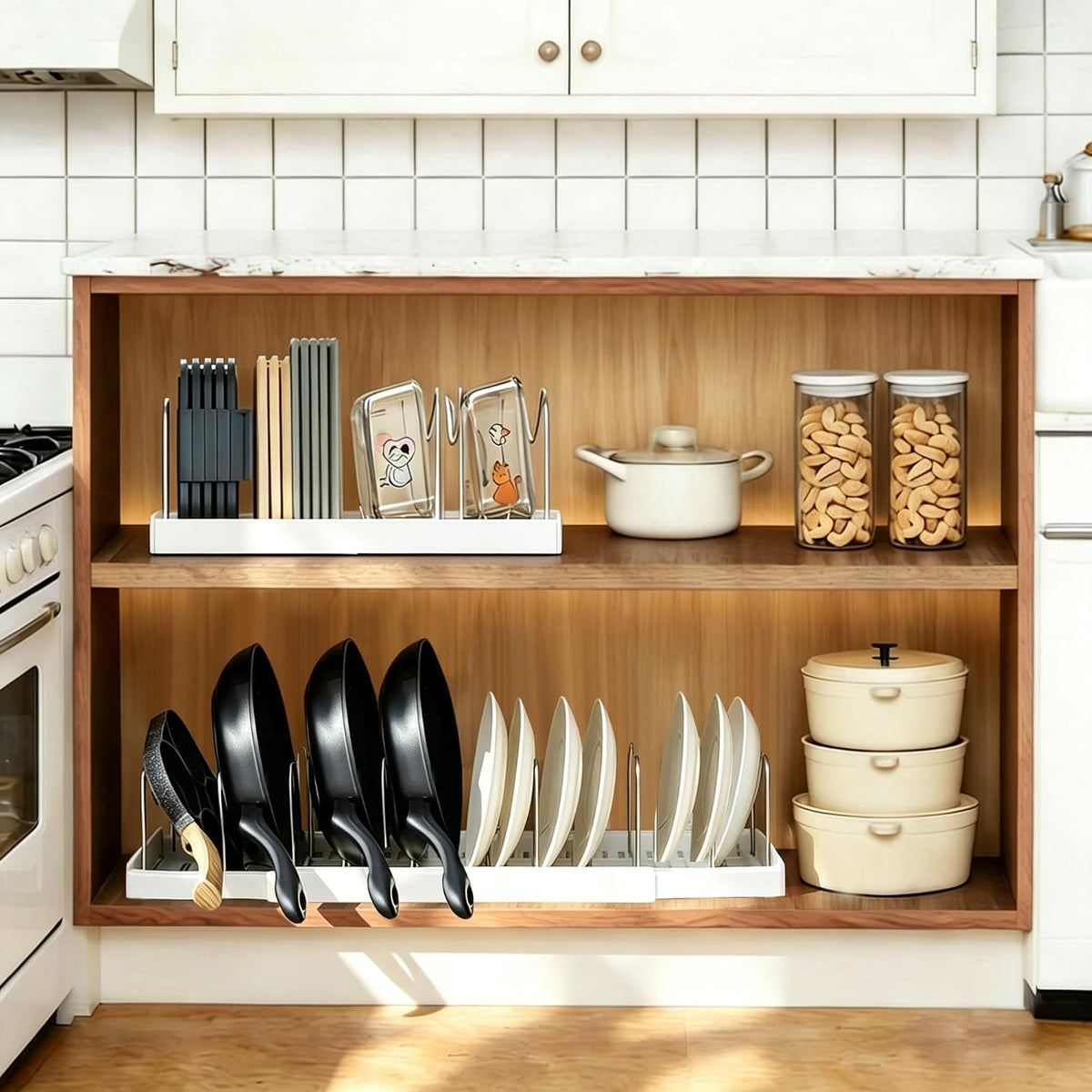 Pots and Pans Organizer under Cabinet, Expandable Adjustable Pot Lid Organizer Rack with 9 Stainless Steel Dividers, Food Storage Container Lid Holder for Kitchen Countertop Storage (White)