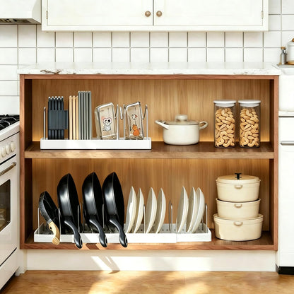 Pots and Pans Organizer under Cabinet, Expandable Adjustable Pot Lid Organizer Rack with 9 Stainless Steel Dividers, Food Storage Container Lid Holder for Kitchen Countertop Storage (White)