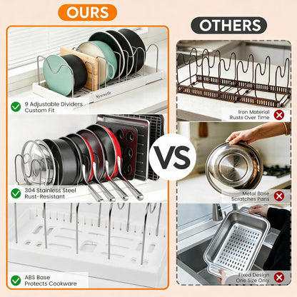 Pots and Pans Organizer under Cabinet, Expandable Adjustable Pot Lid Organizer Rack with 9 Stainless Steel Dividers, Food Storage Container Lid Holder for Kitchen Countertop Storage (White)