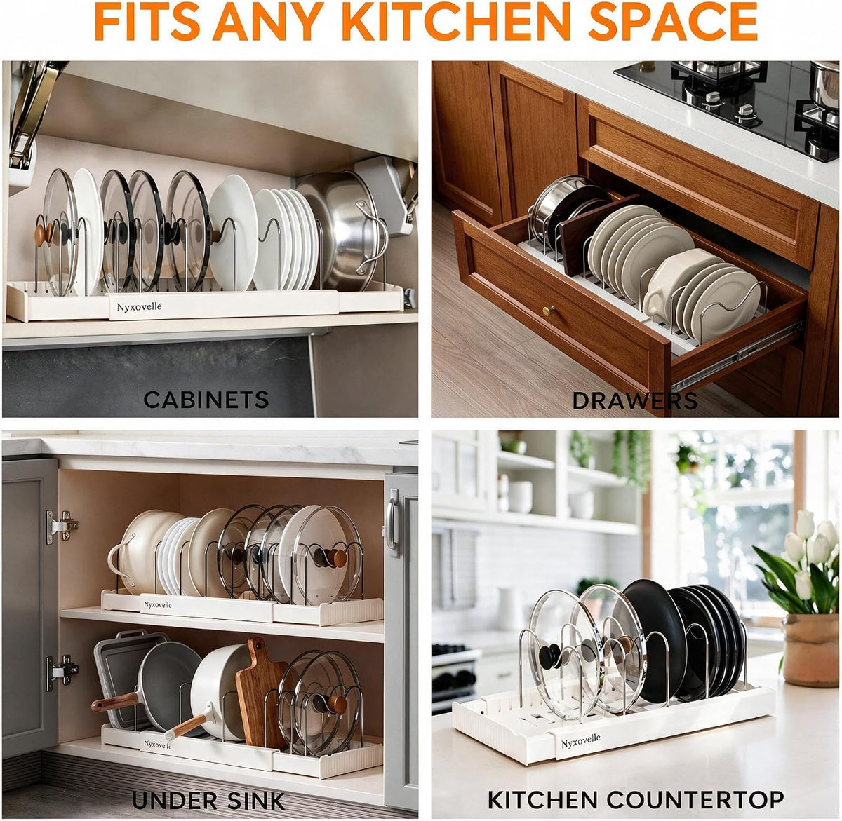 Pots and Pans Organizer under Cabinet, Expandable Adjustable Pot Lid Organizer Rack with 9 Stainless Steel Dividers, Food Storage Container Lid Holder for Kitchen Countertop Storage (White)