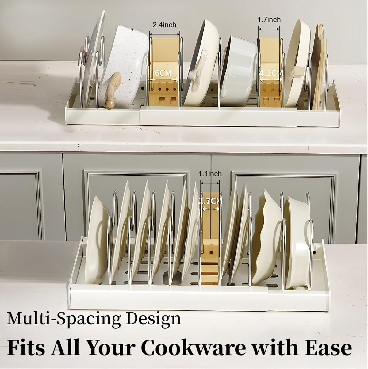 Pots and Pans Organizer under Cabinet, Expandable Adjustable Pot Lid Organizer Rack with 9 Stainless Steel Dividers, Food Storage Container Lid Holder for Kitchen Countertop Storage (White)