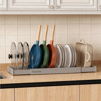 Pots and Pans Organizer under Cabinet, Expandable Adjustable Pot Lid Organizer Rack with 9 Stainless Steel Dividers, Food Storage Container Lid Holder for Kitchen Countertop Storage (White)