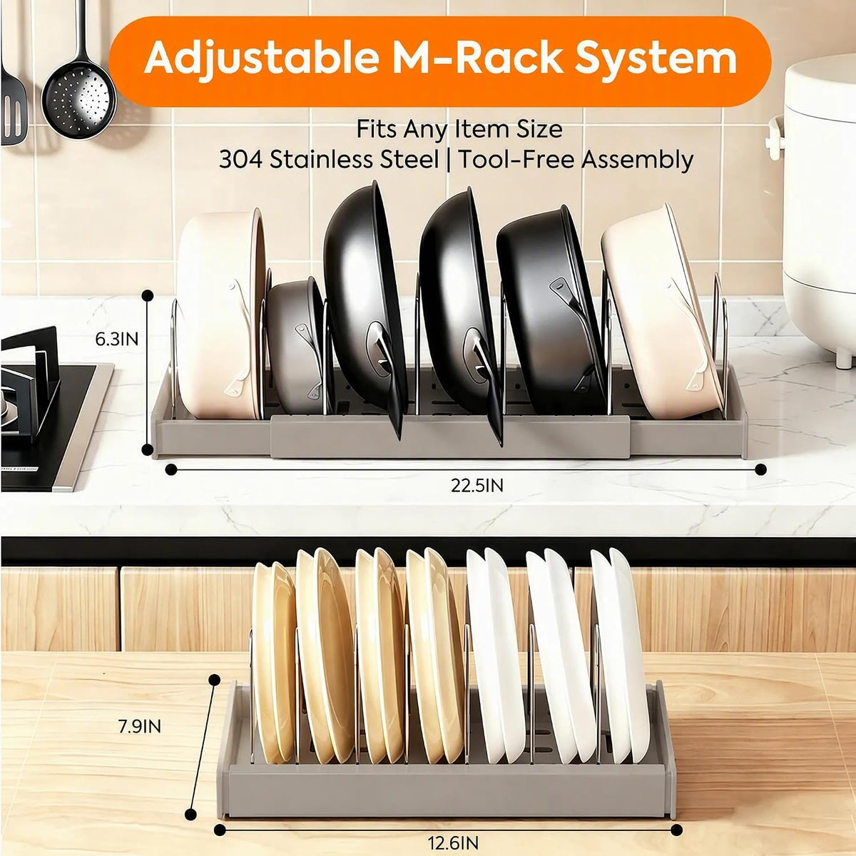 Pots and Pans Organizer under Cabinet, Expandable Adjustable Pot Lid Organizer Rack with 9 Stainless Steel Dividers, Food Storage Container Lid Holder for Kitchen Countertop Storage (White)