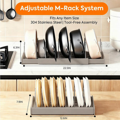 Pots and Pans Organizer under Cabinet, Expandable Adjustable Pot Lid Organizer Rack with 9 Stainless Steel Dividers, Food Storage Container Lid Holder for Kitchen Countertop Storage (White)
