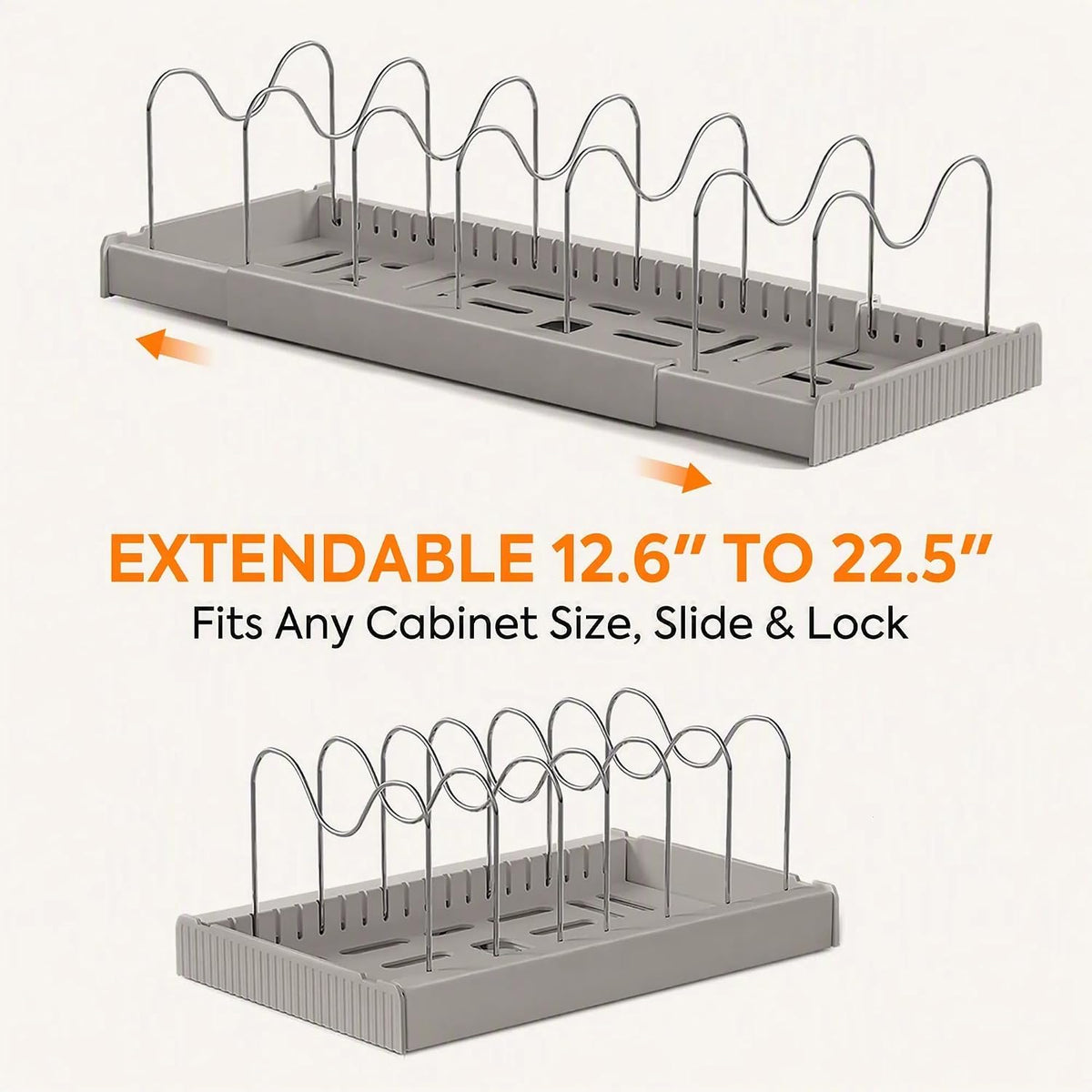 Pots and Pans Organizer under Cabinet, Expandable Adjustable Pot Lid Organizer Rack with 9 Stainless Steel Dividers, Food Storage Container Lid Holder for Kitchen Countertop Storage (White)