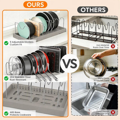 Pots and Pans Organizer under Cabinet, Expandable Adjustable Pot Lid Organizer Rack with 9 Stainless Steel Dividers, Food Storage Container Lid Holder for Kitchen Countertop Storage (White)