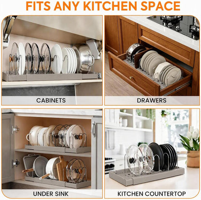 Pots and Pans Organizer under Cabinet, Expandable Adjustable Pot Lid Organizer Rack with 9 Stainless Steel Dividers, Food Storage Container Lid Holder for Kitchen Countertop Storage (White)