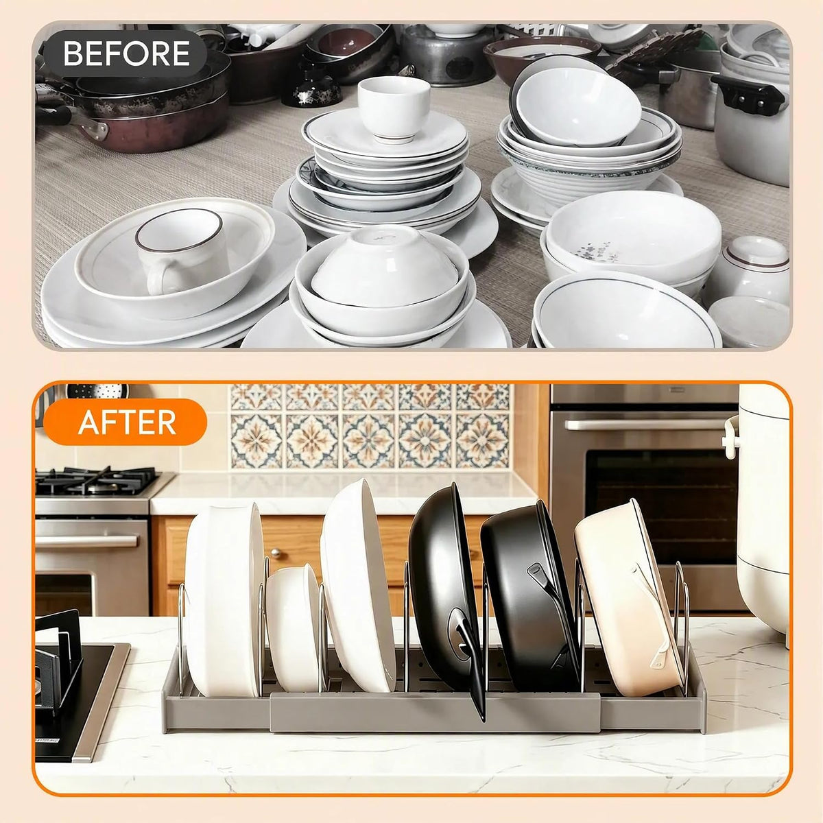 Pots and Pans Organizer under Cabinet, Expandable Adjustable Pot Lid Organizer Rack with 9 Stainless Steel Dividers, Food Storage Container Lid Holder for Kitchen Countertop Storage (White)