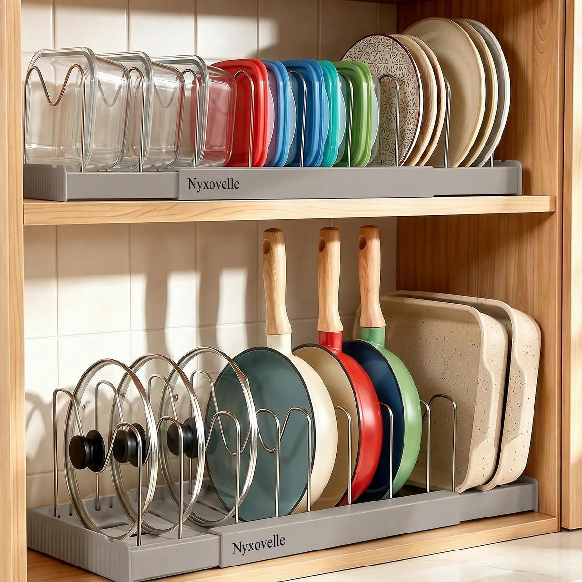 Pots and Pans Organizer under Cabinet, Expandable Adjustable Pot Lid Organizer Rack with 9 Stainless Steel Dividers, Food Storage Container Lid Holder for Kitchen Countertop Storage (White)