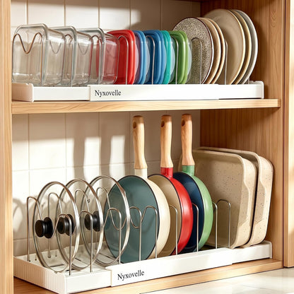 Pots and Pans Organizer under Cabinet, Expandable Adjustable Pot Lid Organizer Rack with 9 Stainless Steel Dividers, Food Storage Container Lid Holder for Kitchen Countertop Storage (White)