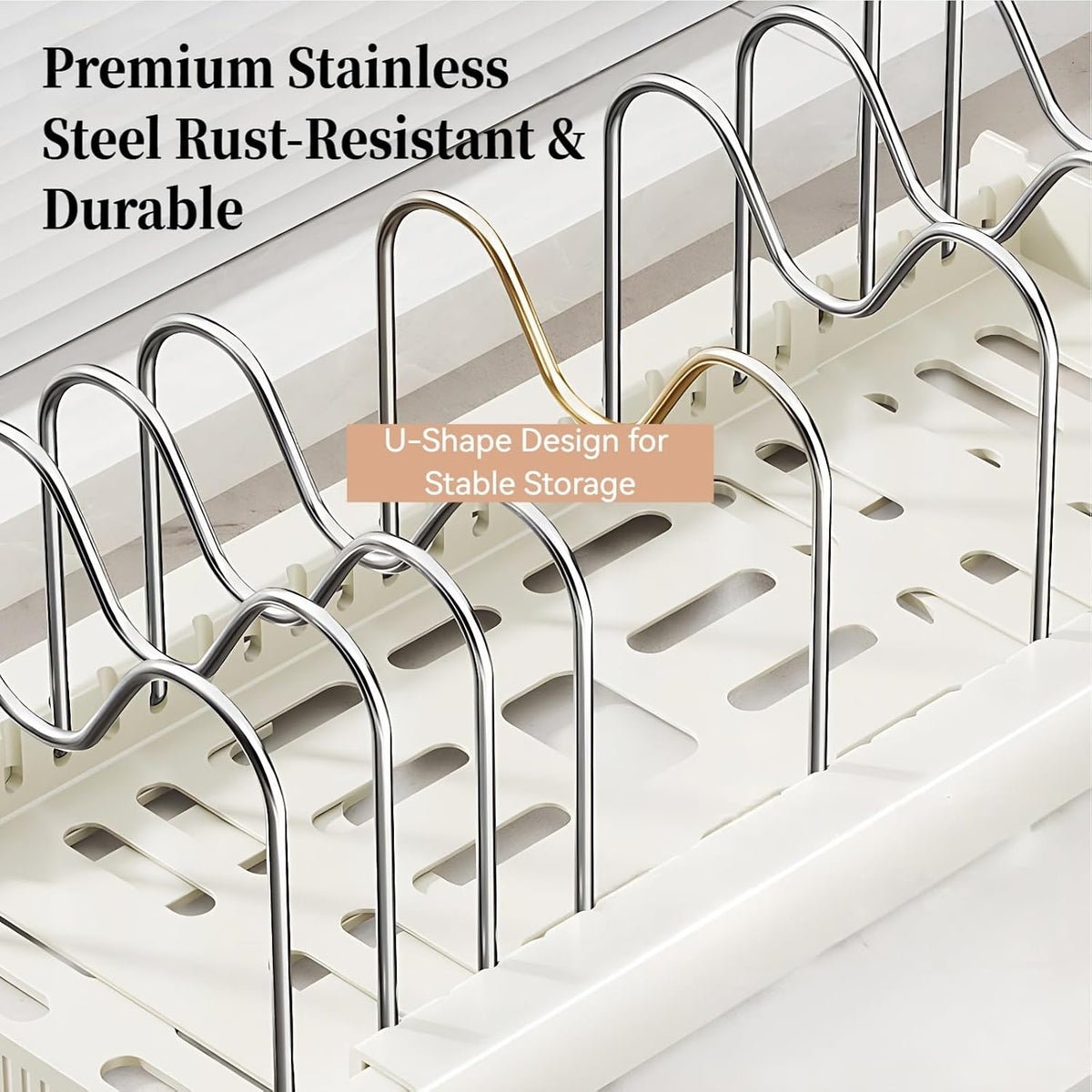 Pots and Pans Organizer under Cabinet, Expandable Adjustable Pot Lid Organizer Rack with 9 Stainless Steel Dividers, Food Storage Container Lid Holder for Kitchen Countertop Storage (White)