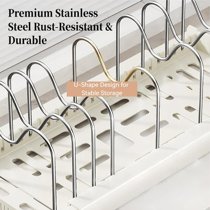 Pots and Pans Organizer under Cabinet, Expandable Adjustable Pot Lid Organizer Rack with 9 Stainless Steel Dividers, Food Storage Container Lid Holder for Kitchen Countertop Storage (White)