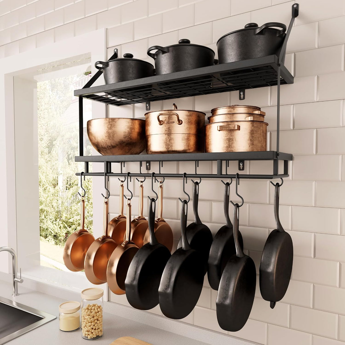 30-Inch Kitchen Pot Rack - Mounted Hanging Rack for Kitchen Storage and Organization - Matte Black 2-Tier Wall Shelf with Guard Rail for Pots and Pans Organizer with 12 Hooks - KUR215S75B-BK