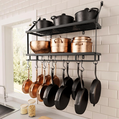 30-Inch Kitchen Pot Rack - Mounted Hanging Rack for Kitchen Storage and Organization - Matte Black 2-Tier Wall Shelf with Guard Rail for Pots and Pans Organizer with 12 Hooks - KUR215S75B-BK