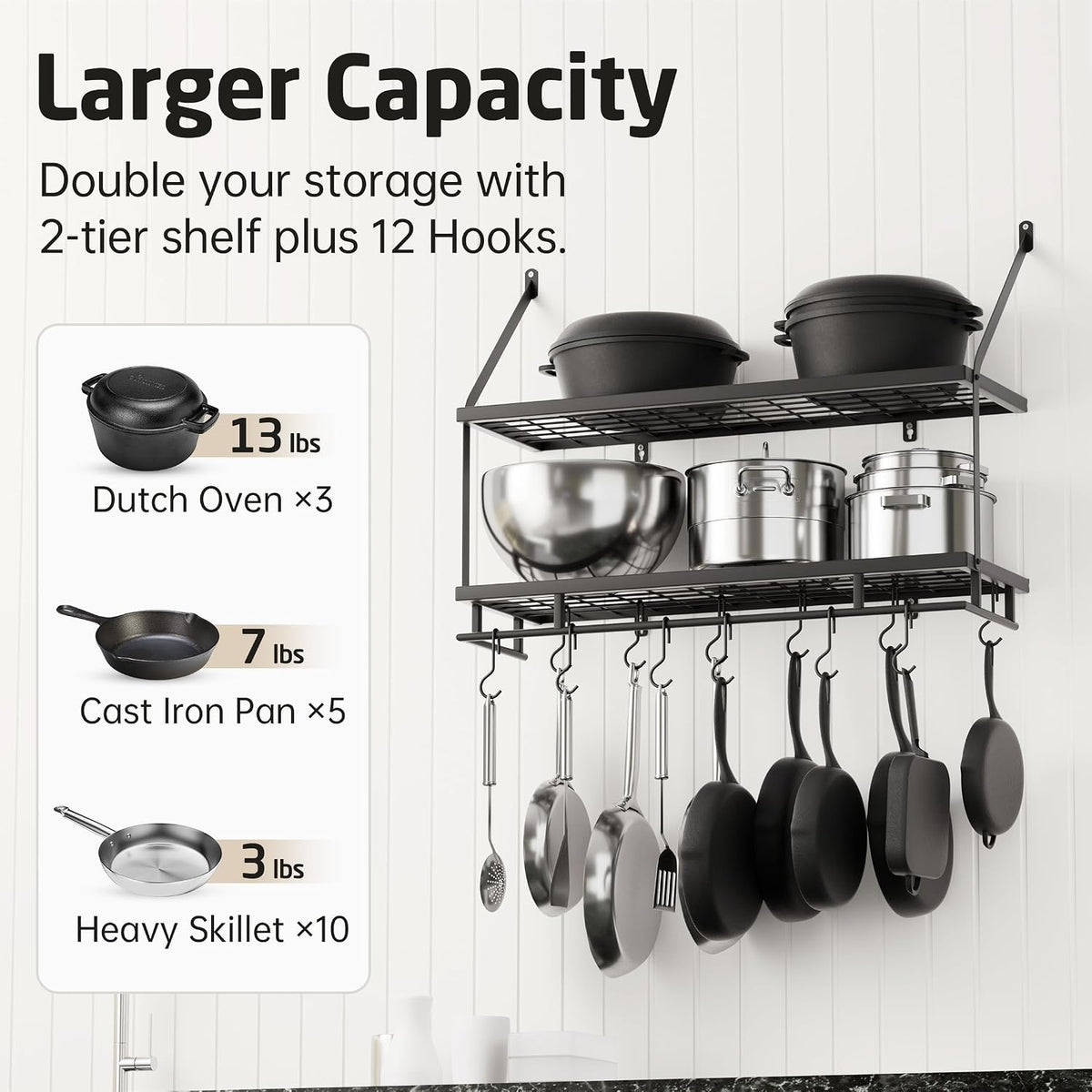 30-Inch Kitchen Pot Rack - Mounted Hanging Rack for Kitchen Storage and Organization - Matte Black 2-Tier Wall Shelf with Guard Rail for Pots and Pans Organizer with 12 Hooks - KUR215S75B-BK