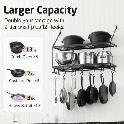 30-Inch Kitchen Pot Rack - Mounted Hanging Rack for Kitchen Storage and Organization - Matte Black 2-Tier Wall Shelf with Guard Rail for Pots and Pans Organizer with 12 Hooks - KUR215S75B-BK